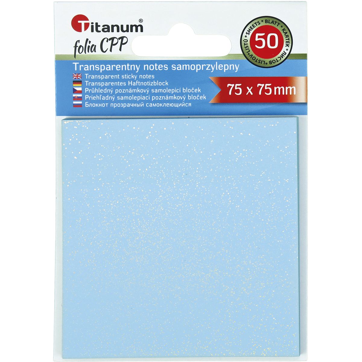 Notes samoprzylepny (karteczki) transparentne, z polipropylenu 75x75 niebieski 50k [mm:] 75x75 Titanum