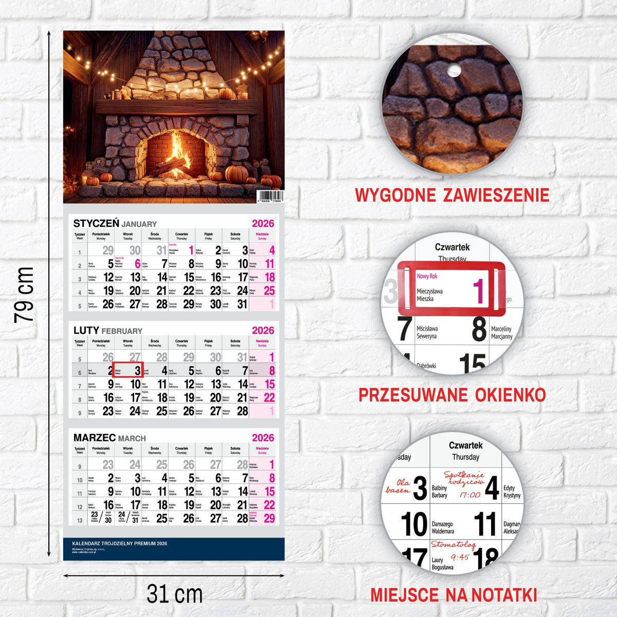 Kalendarz ścienny (401000) k:2915-377 PREMIUM trójdzielny A4 Press (KOMINEK)