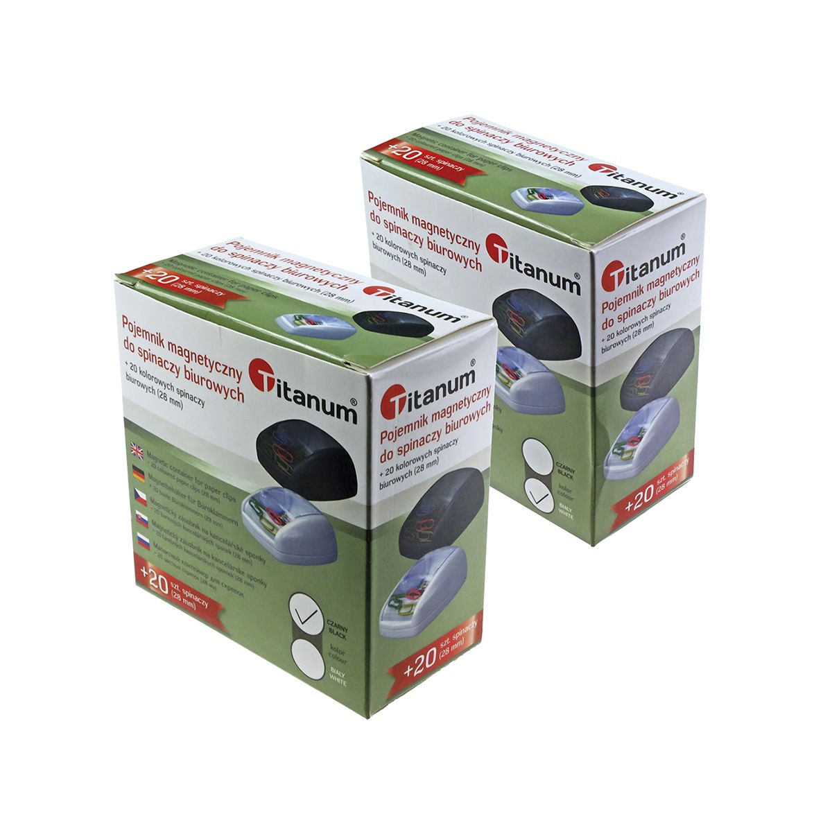 Spinacze standard w pudełku magnetycznym kolorowe 28mm 20 szt Titanum