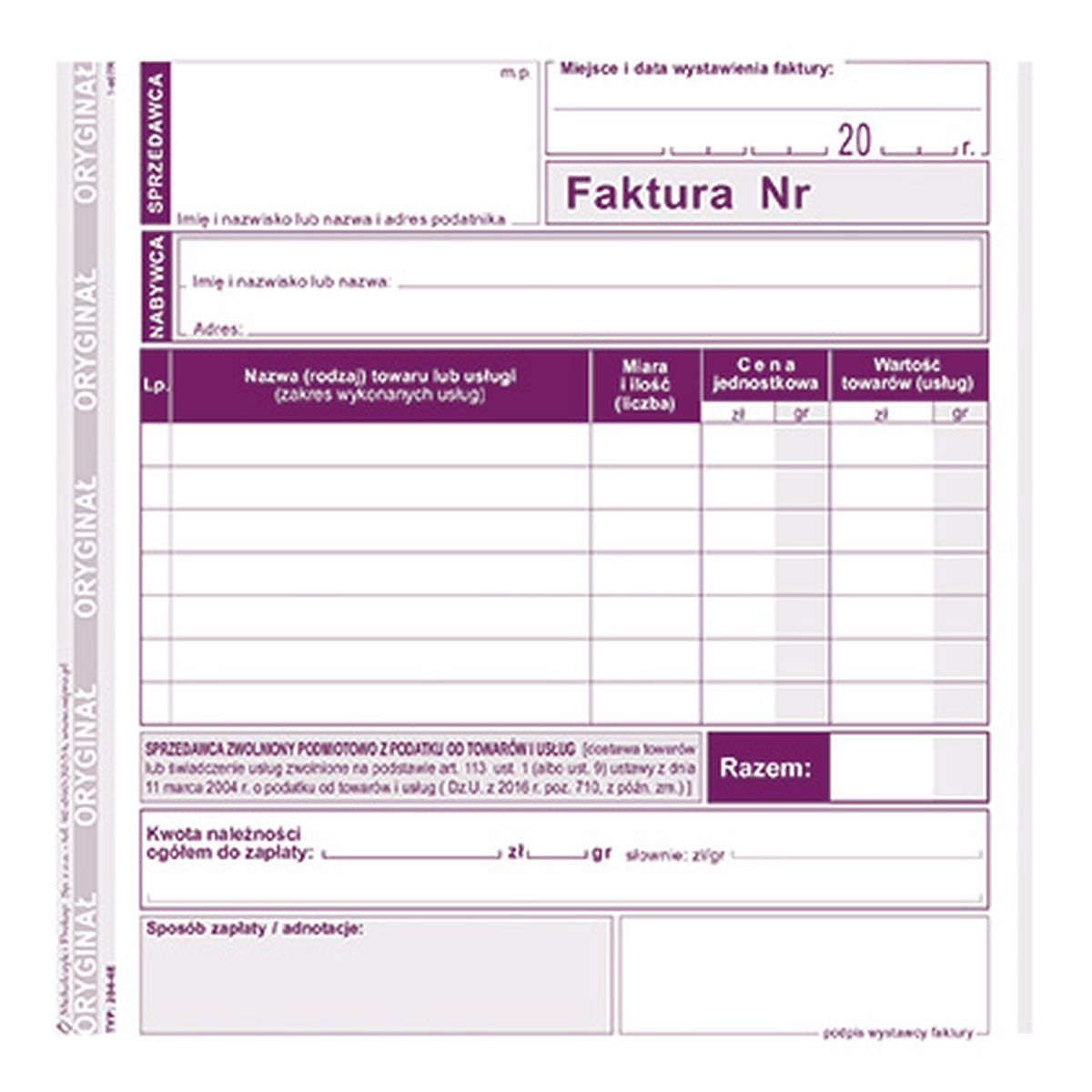 Druk offsetowy Michalczyk i Prokop Faktura dla podatników zwolnionych podmiotowo z podatku VAT 2/3 A5 80k. (204-4E)