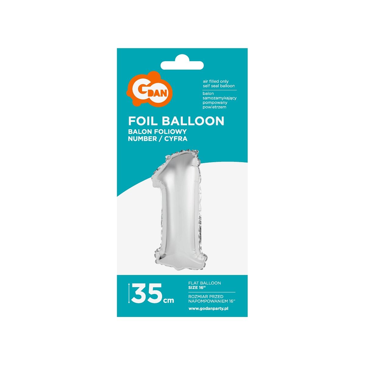 Balon foliowy Godan cyfra 1 srebrny 35 cm 16cal (FG-C35S1)