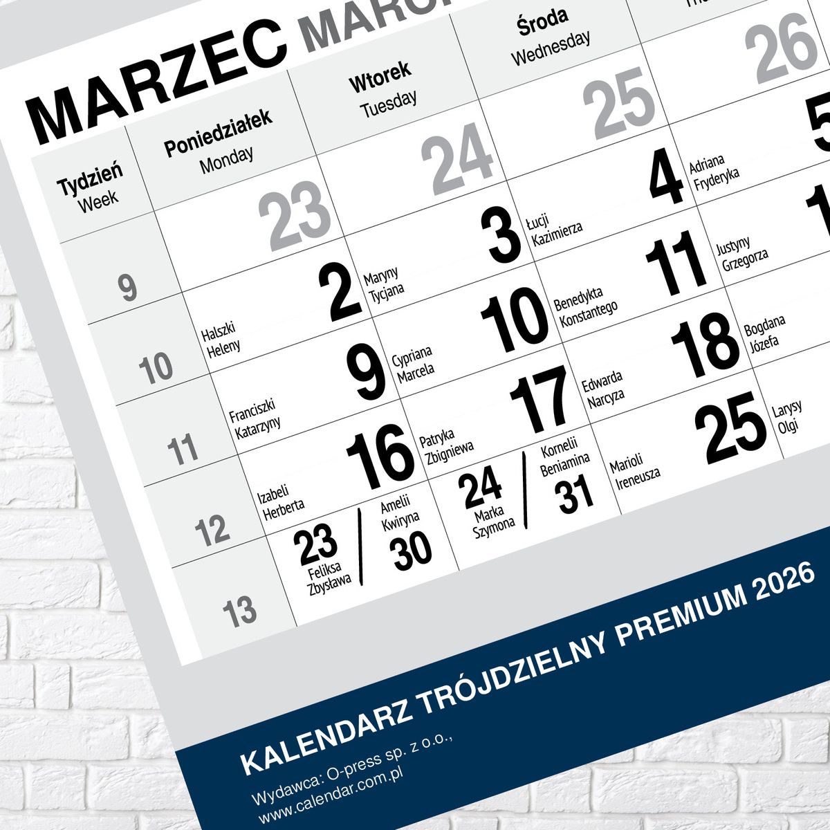Kalendarz ścienny (401000) k:2915-377 PREMIUM trójdzielny A4 Press (PIES)