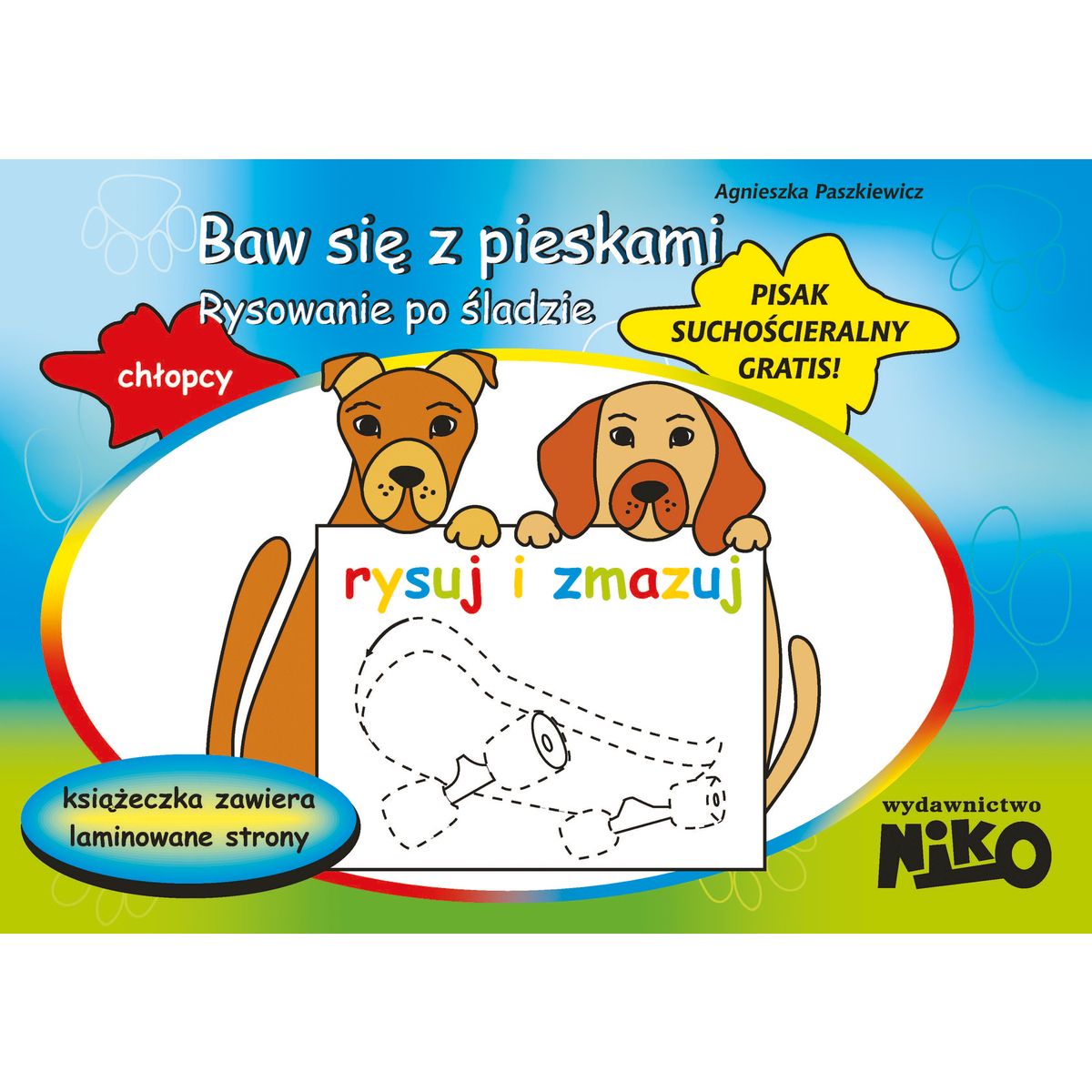 Książeczka edukacyjna BAW SIĘ Z PIESKAMI RYSOWANIE PO  ŚLADZIE (NIKO0026)