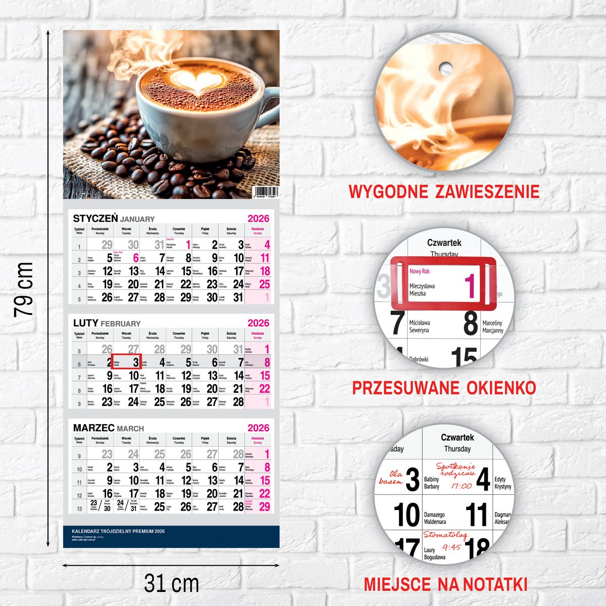 Kalendarz ścienny (401000) k:2915-377 PREMIUM trójdzielny A4 Press (KAWA)