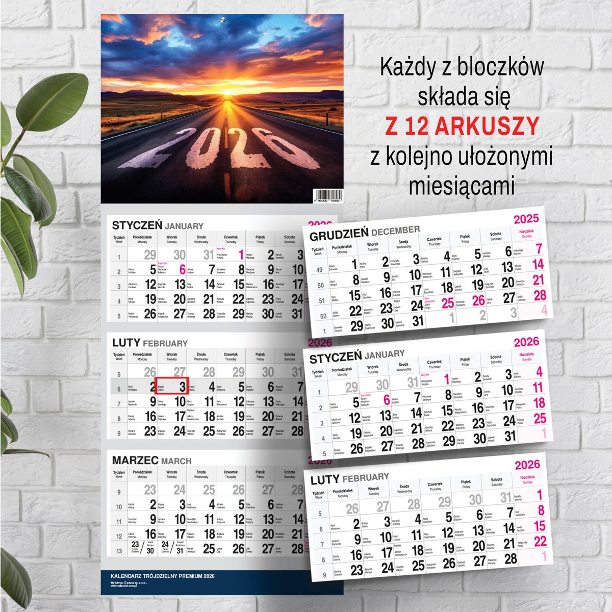 Kalendarz ścienny (401000) k:2915-377 PREMIUM trójdzielny A4 Press (DROGA)