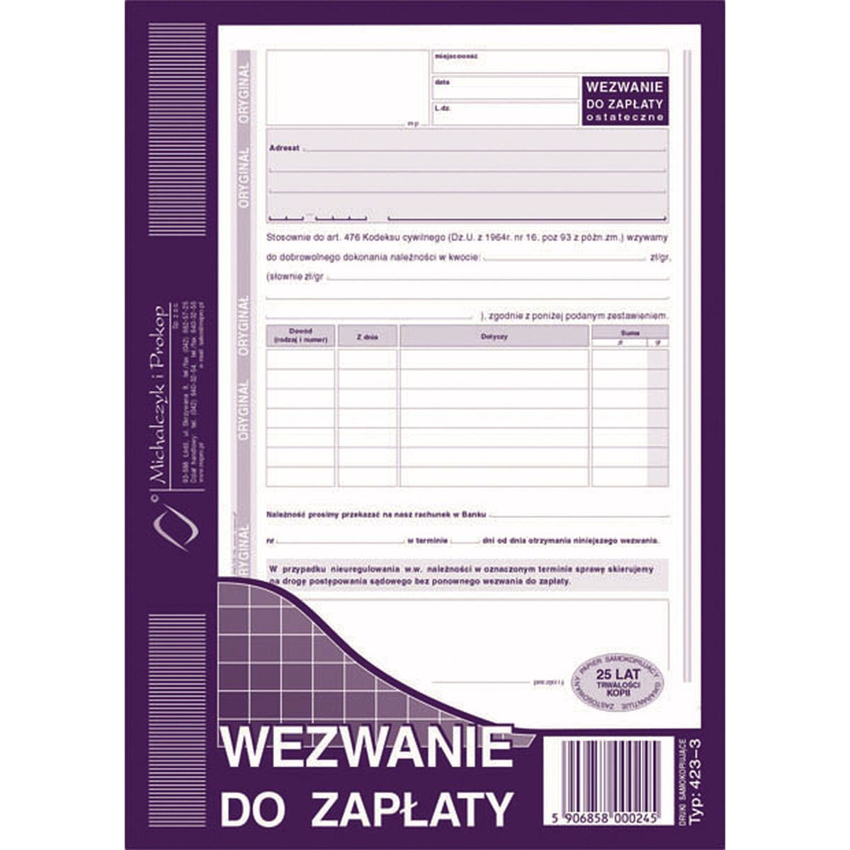 Druk samokopiujący Michalczyk i Prokop S o/1k A5 80k. (423-3)