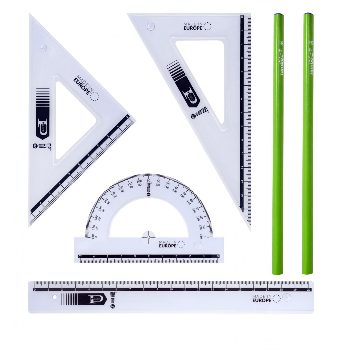 Komplet geometryczny Memobe linijka 20 cm + 2 ołówki 6 el. (MK 109-00)