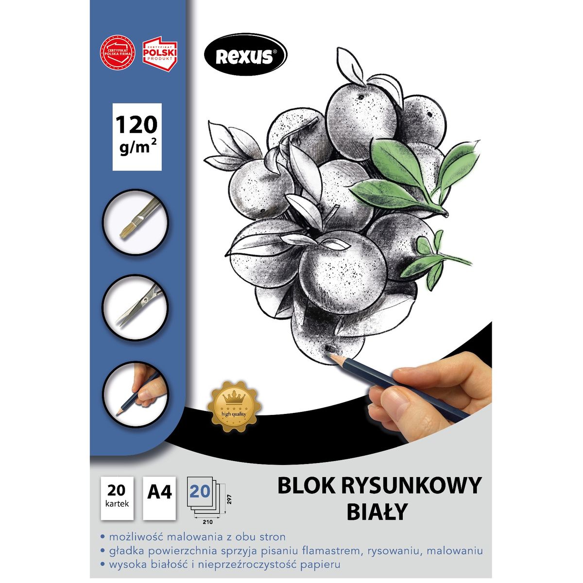 Blok rysunkowy Rexus biały  premium A4 biały 20k (5154)