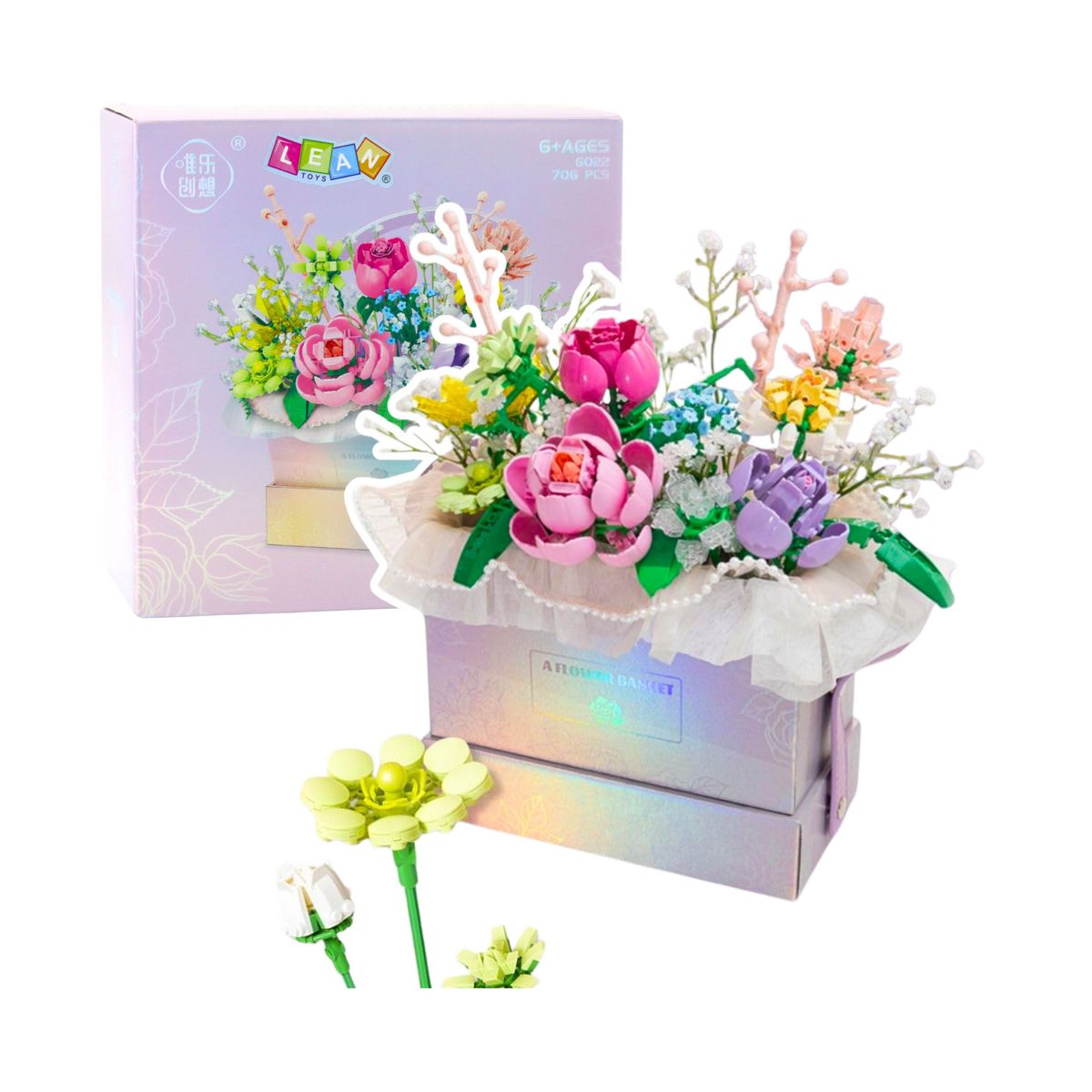 Klocki konstrukcyjne Kompozycja W Pudełku Box Kwiatowy Fioletowy LED 706el. Lean (26708)