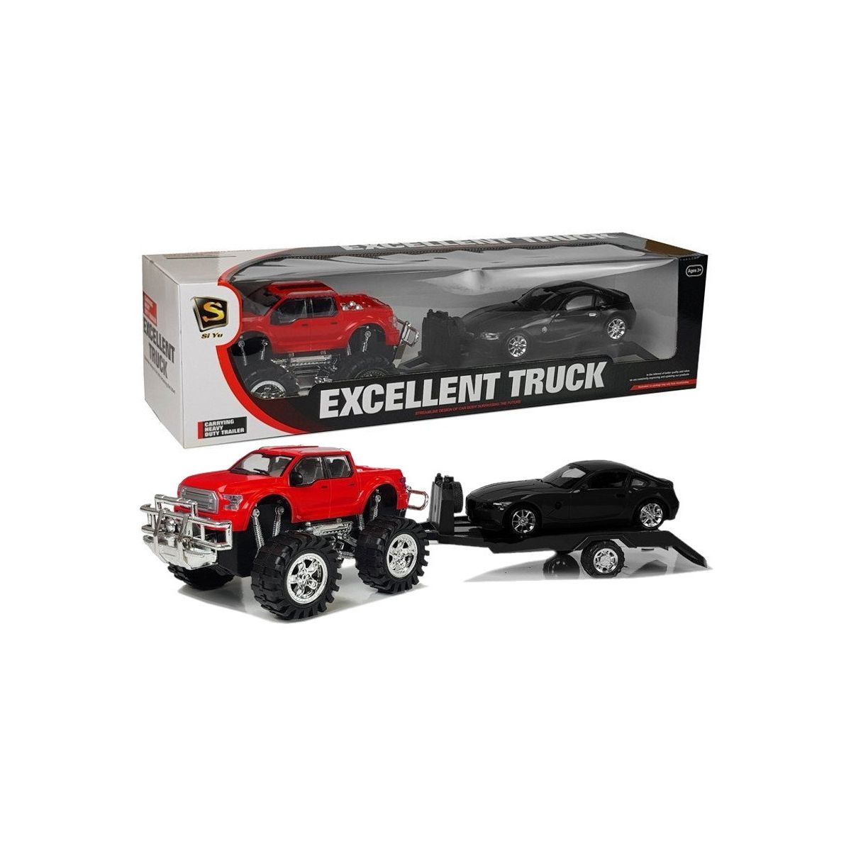 Samochód Lean Zestaw Pojazdów Czerwony Monster Truck Czarne BMW Laweta 58 cm (9268)