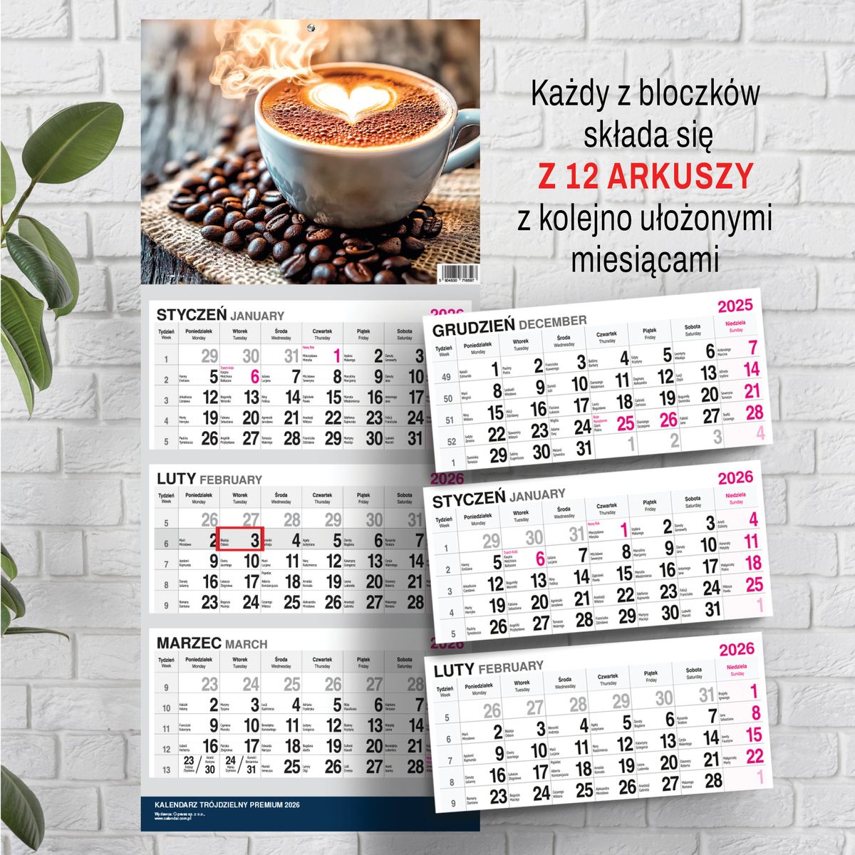 Kalendarz ścienny (401000) k:2915-377 PREMIUM trójdzielny A4 Press (KAWA)