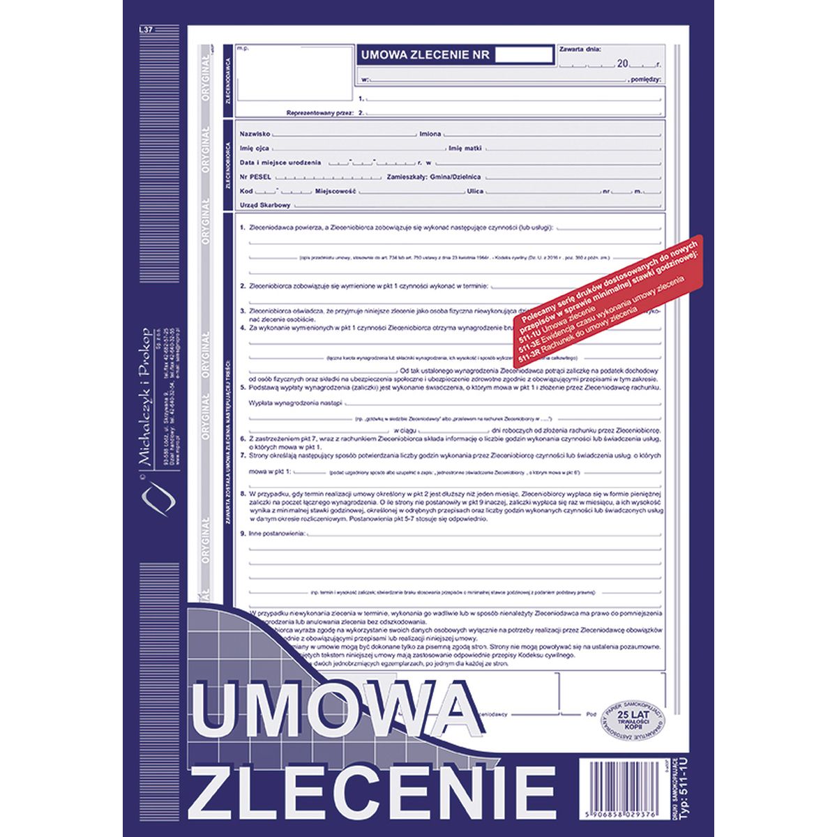 Druk samokopiujący Umowa zlecenie z rachunkiem A4 A4 40k. Michalczyk i Prokop (511-1U)