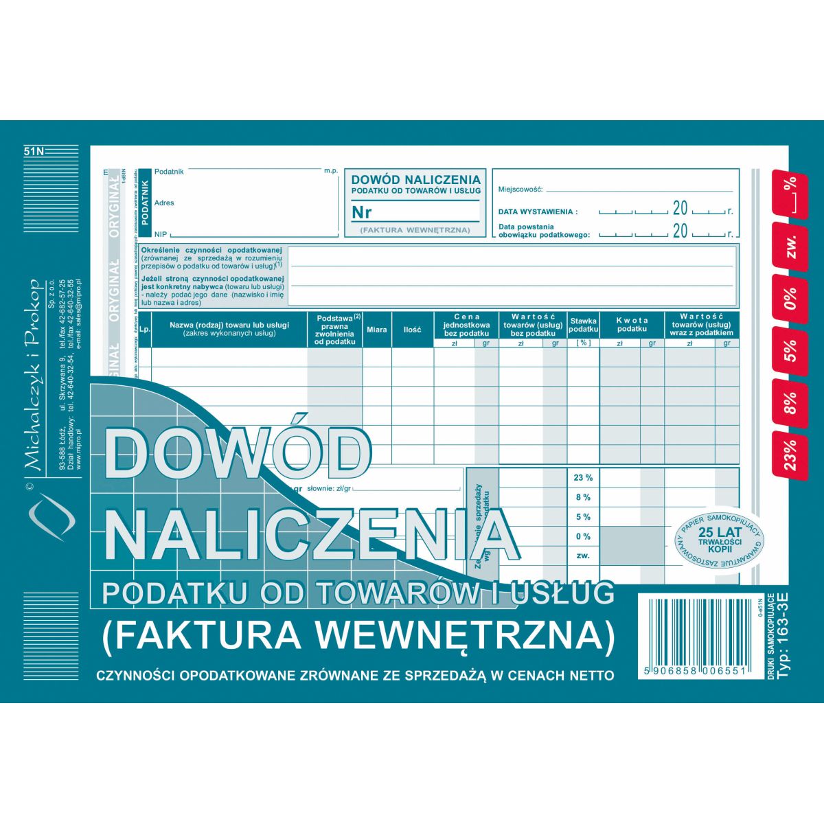 Druk samokopiujący Michalczyk i Prokop Faktura wewnętrzna A5 40k. (163-3E)