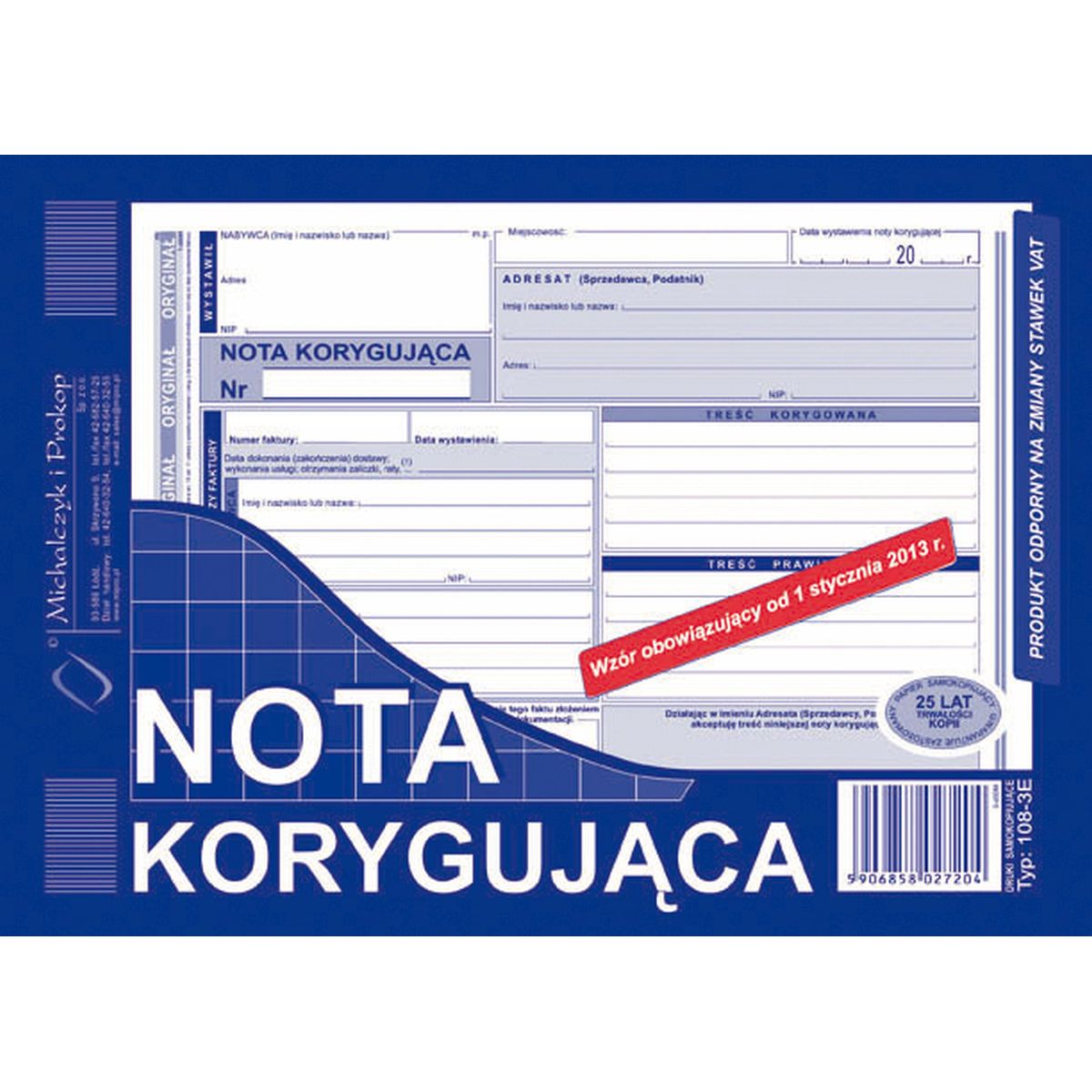 Druk offsetowy Michalczyk i Prokop nota korygująca VAT netto pełna A5 A5 80k. (108-3)