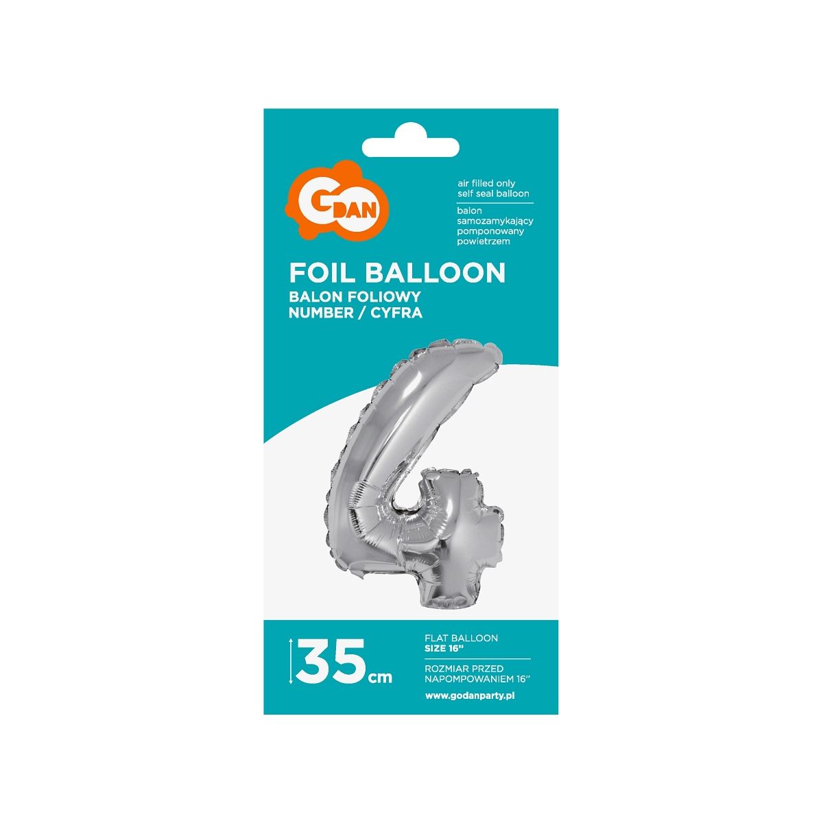 Balon foliowy Godan cyfra 4 srebrny 35 cm 16cal (FG-C35S4)