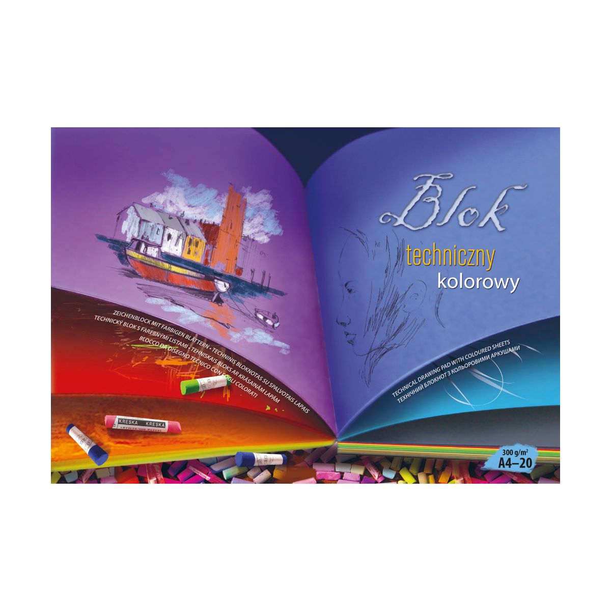 Blok techniczny z kol.kartkami A4 mix 300g 20k Kreska
