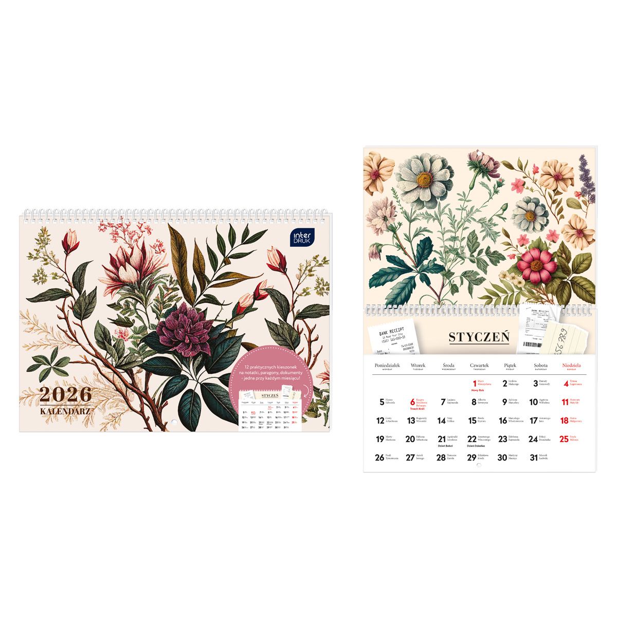 Kalendarz ścienny KWIATY 250mm x 175mm Interdruk (z kieszenią)