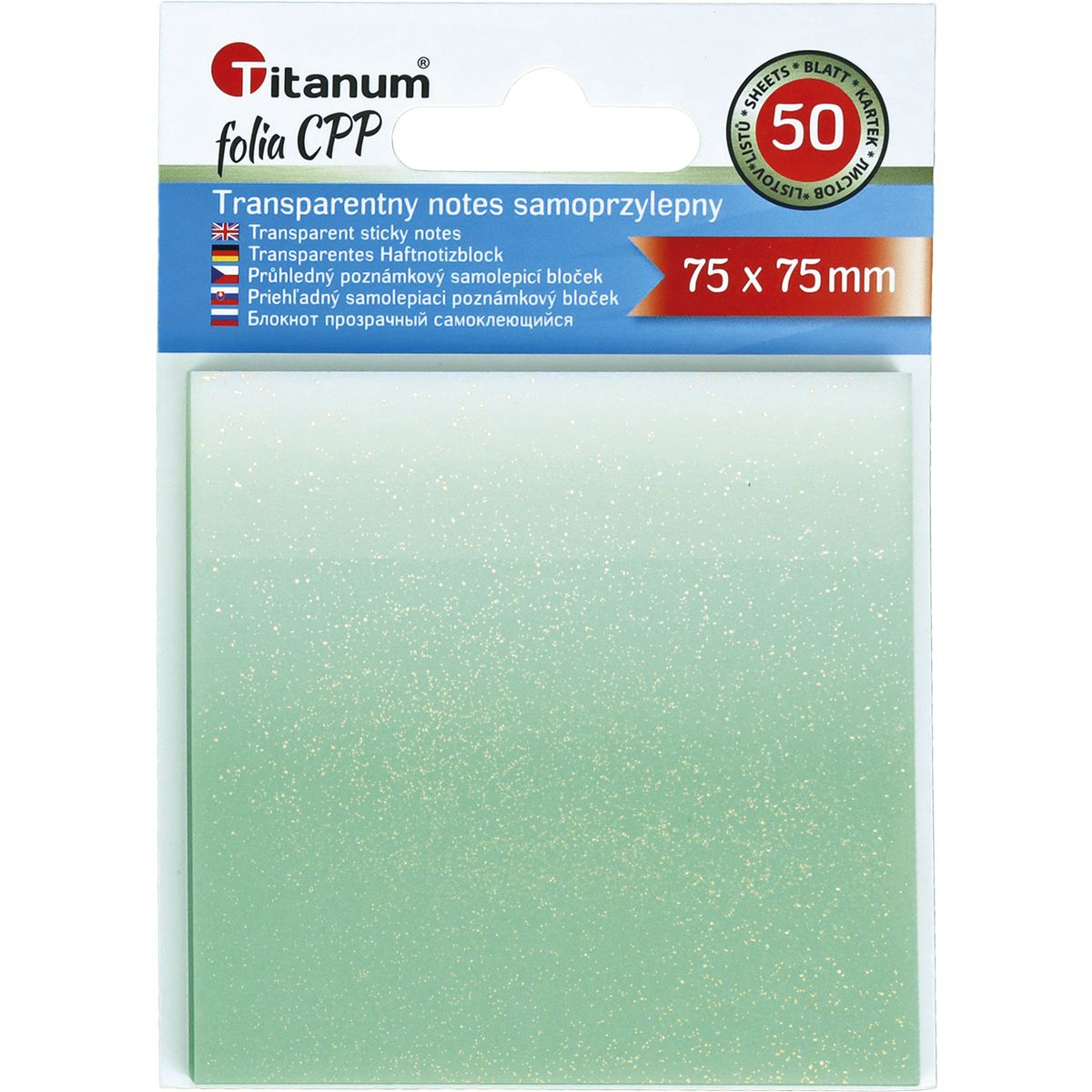 Notes samoprzylepny (karteczki) Titanum transparentne, z polipropylenu 75x75 biało- zielony 50k [mm:] 75x75