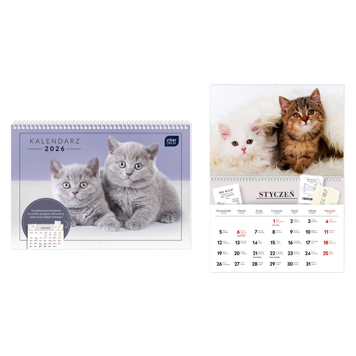 Kalendarz ścienny ZWIERZAKI 250mm x 175mm Interdruk (z kieszenią)
