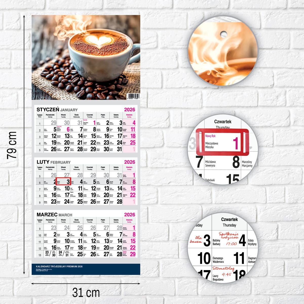 Kalendarz ścienny (401000) k:2915-377 PREMIUM trójdzielny A4 Press (KAWA)