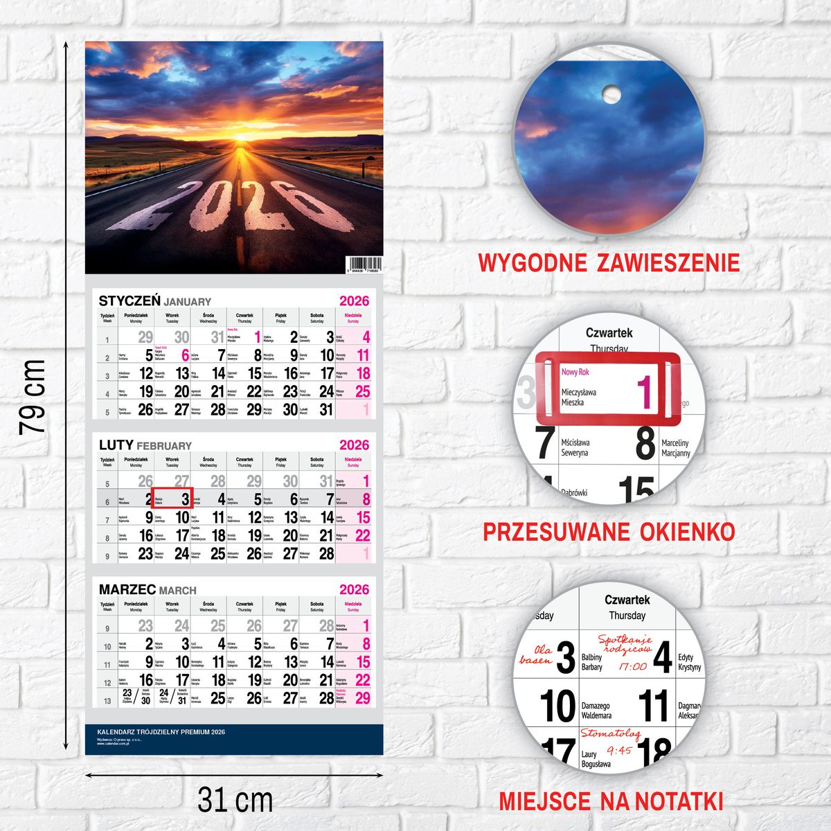 Kalendarz ścienny (401000) k:2915-377 PREMIUM trójdzielny A4 Press (DROGA)