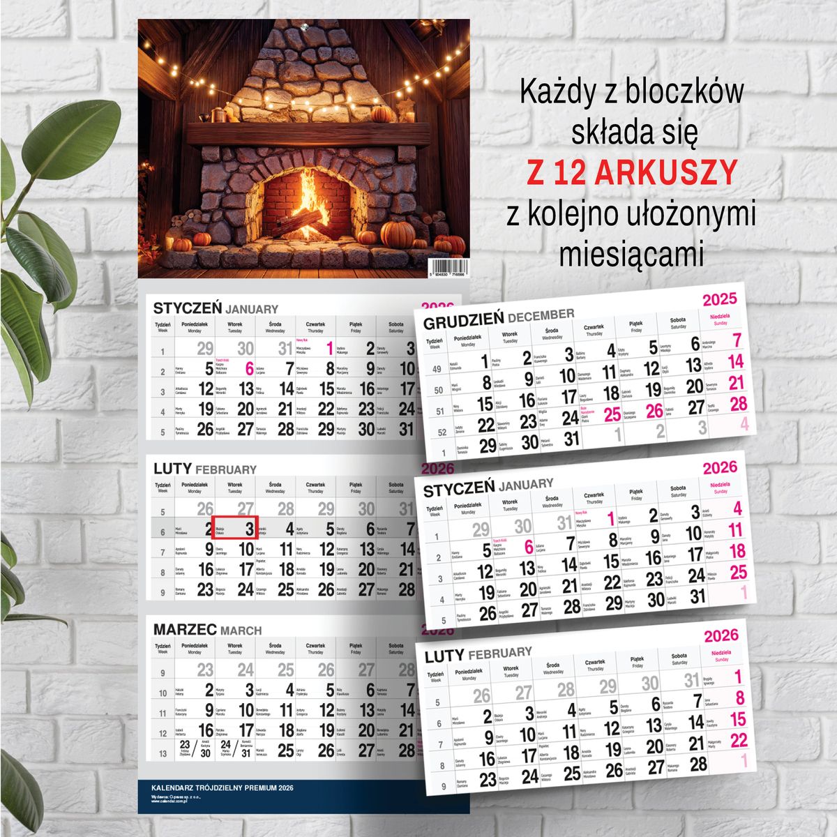 Kalendarz ścienny (401000) k:2915-377 PREMIUM trójdzielny A4 Press (KOMINEK)