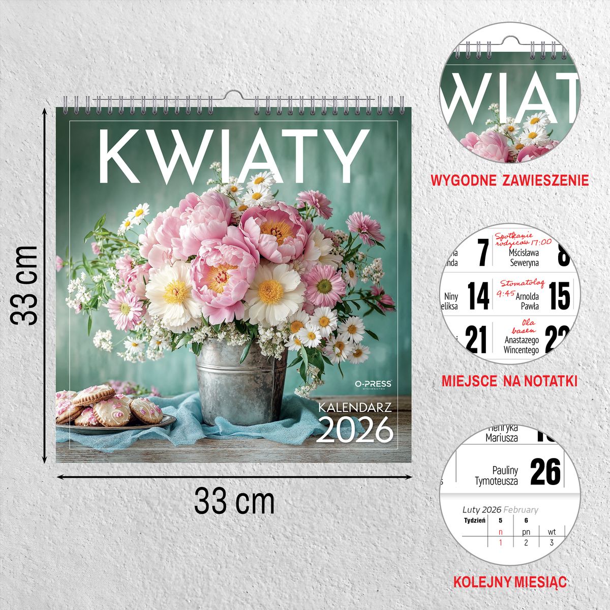 Kalendarz ścienny (401000) k:2915-377 WIELOPLANSZOWY KWADRAT KWIATY 330mm x 330mm Press (16K)
