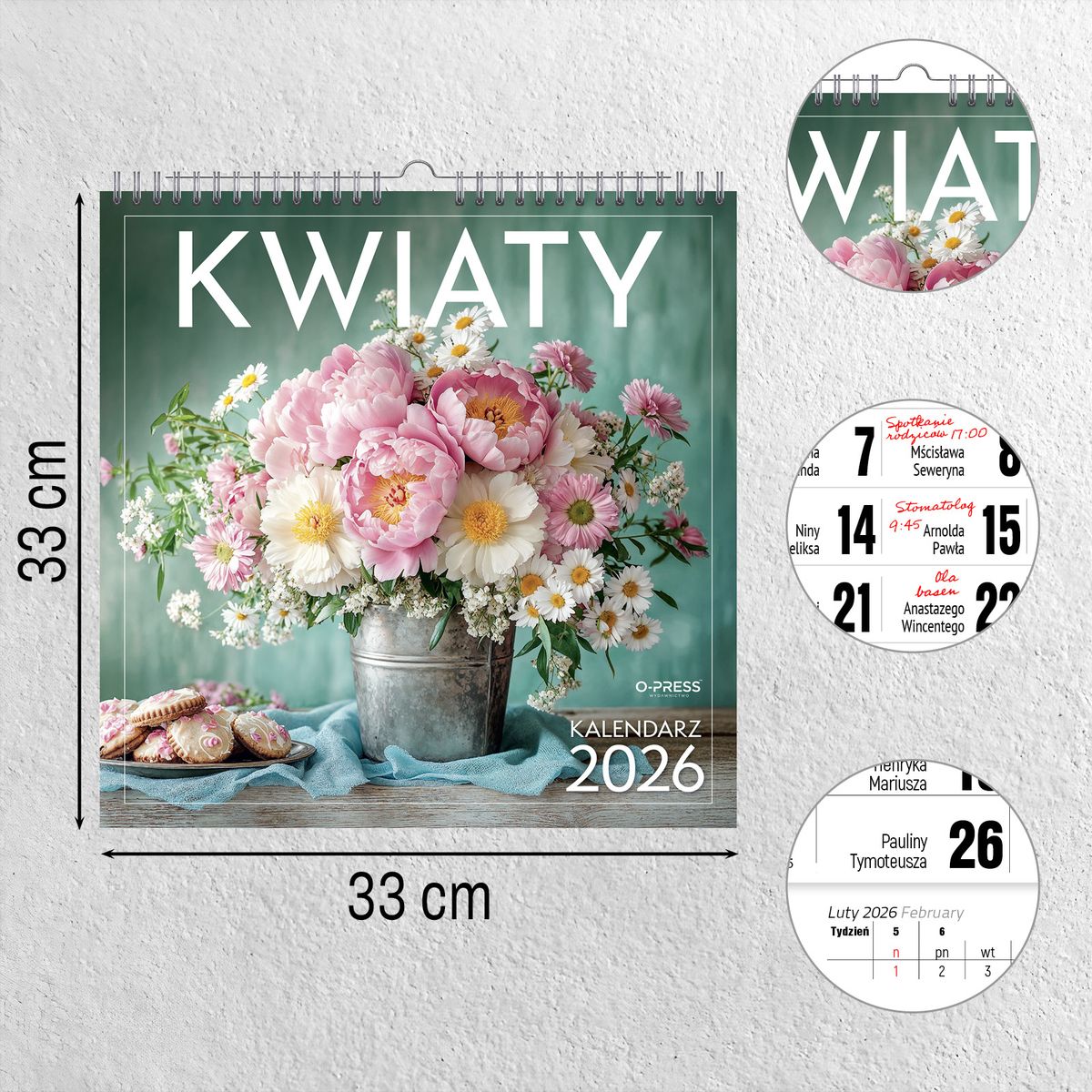 Kalendarz ścienny (401000) k:2915-377 WIELOPLANSZOWY KWADRAT KWIATY 330mm x 330mm Press (16K)