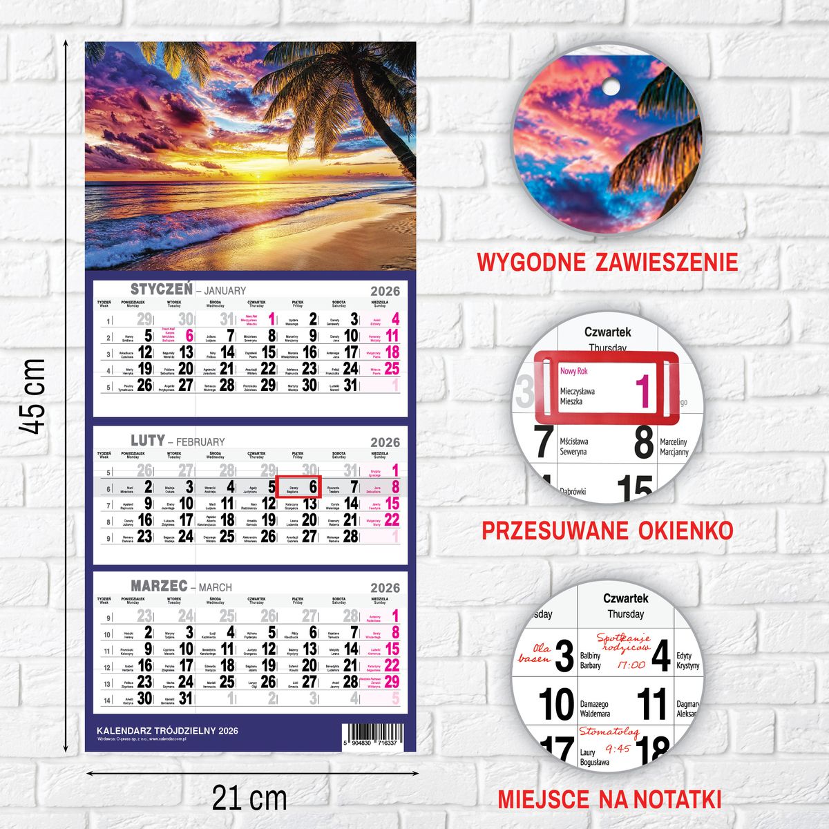 Kalendarz ścienny (401000) k:2915-377 PLAŻA A4 210mm x 450mm Press