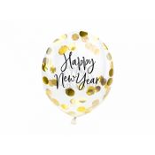 Balon gumowy Partydeco z konfetti - Happy New Year transparentna 270mm (BK12-2-019)