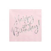Serwetki Happy Birthday, napis holo 20 sztuk różowa papier [mm:] 330x330 Partydeco (SP33-80-081PJ)