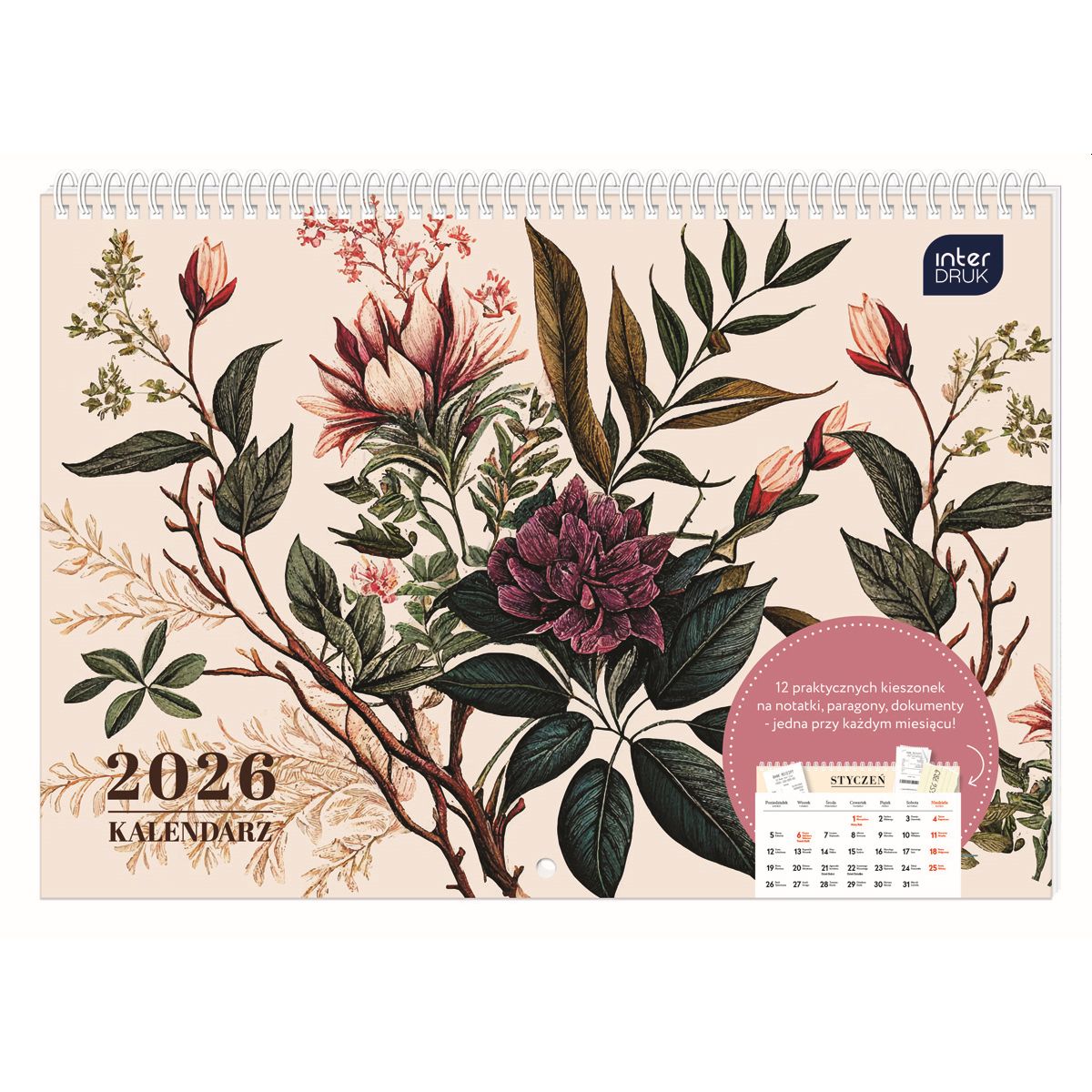 Kalendarz ścienny KWIATY 250mm x 175mm Interdruk (z kieszenią)