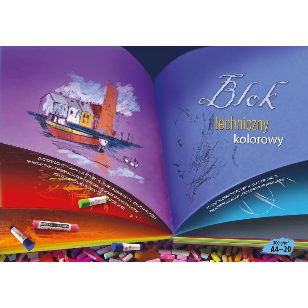 Blok techniczny z kol.kartkami A4 mix 300g 20k Kreska