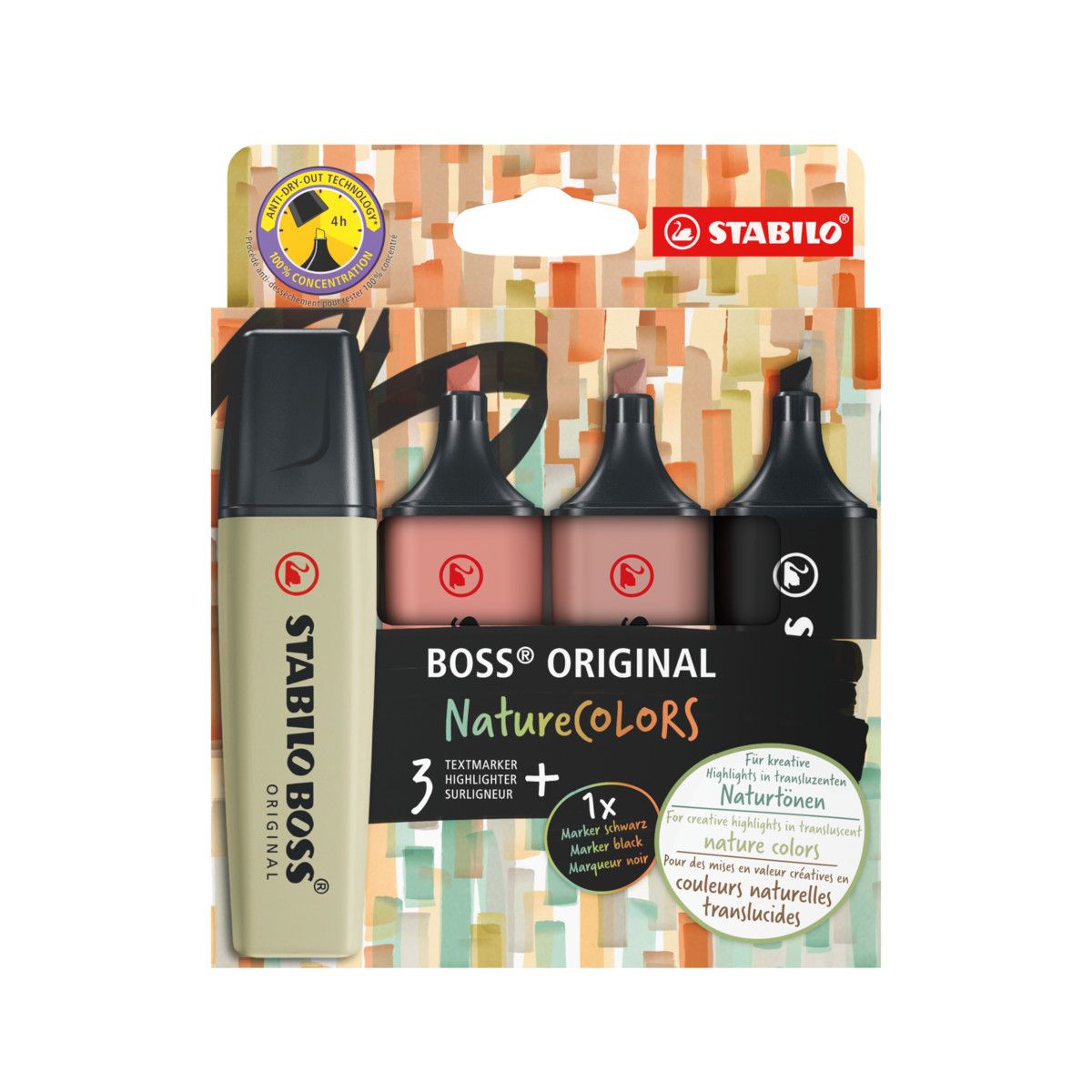 Zakreślacz BOSS NATURAL COLORS kpl 4 szt 4006381603126 wkład mix 2,0-5,0mm Stabilo (70/4-2-3)
