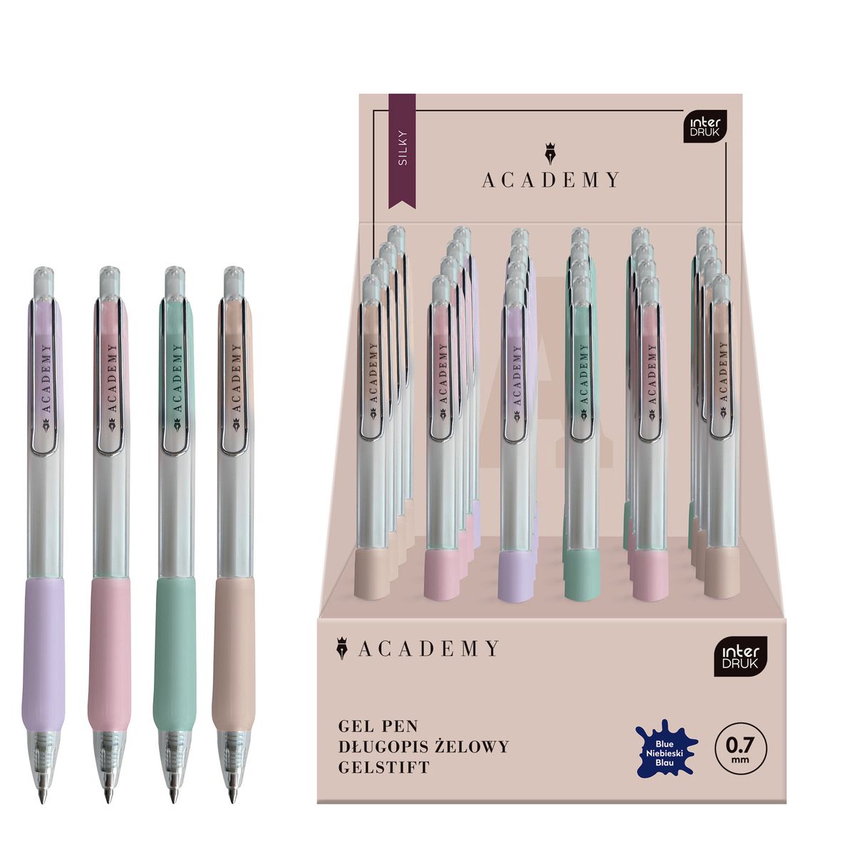 Długopis żelowy Interdruk PASTEL ACADEMY automatyczny SILKY z gripem niebieski 0,7mm (żelowy)